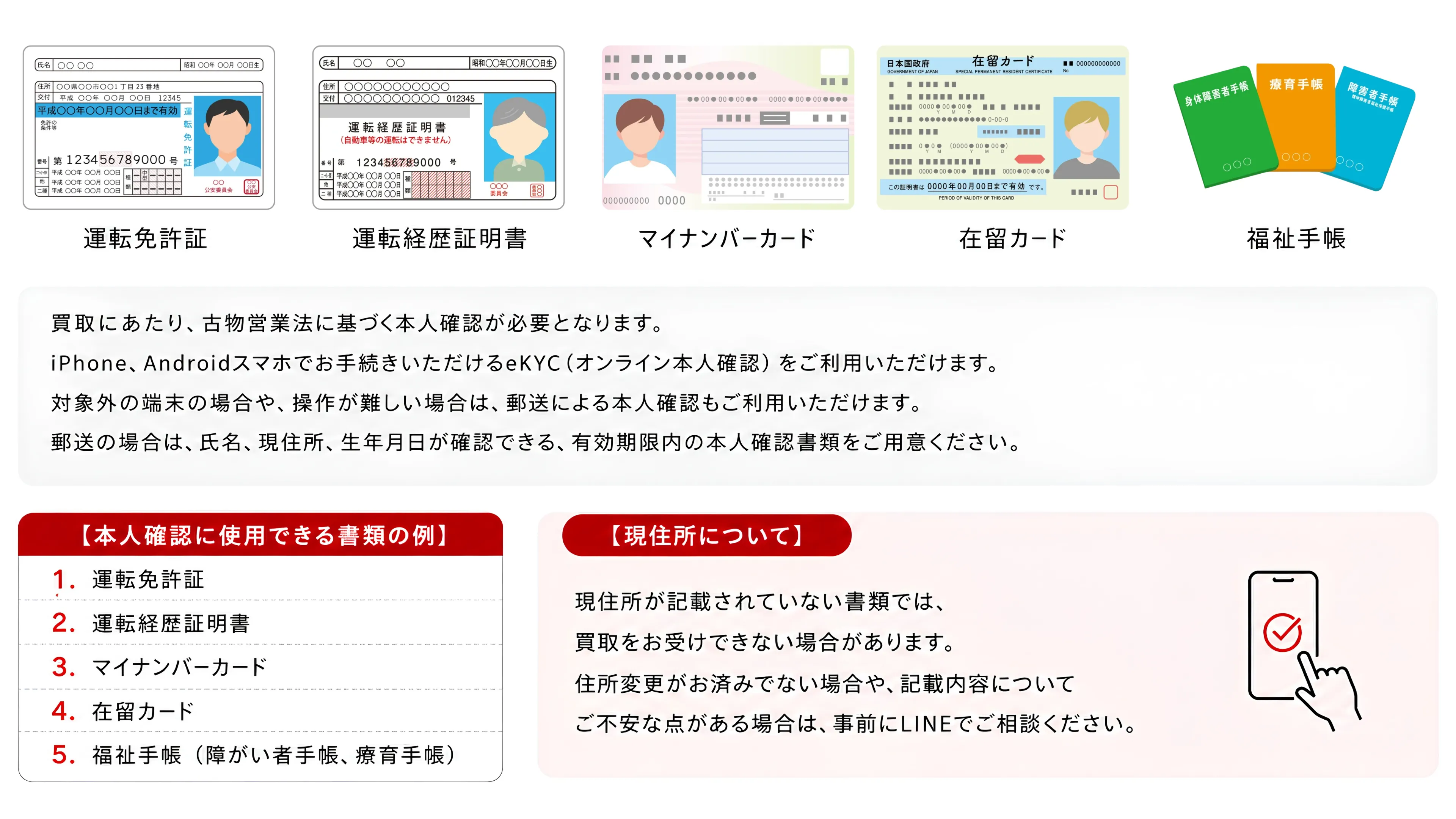 買取にあたり、古物営業法に基づく本人確認が必要となります。